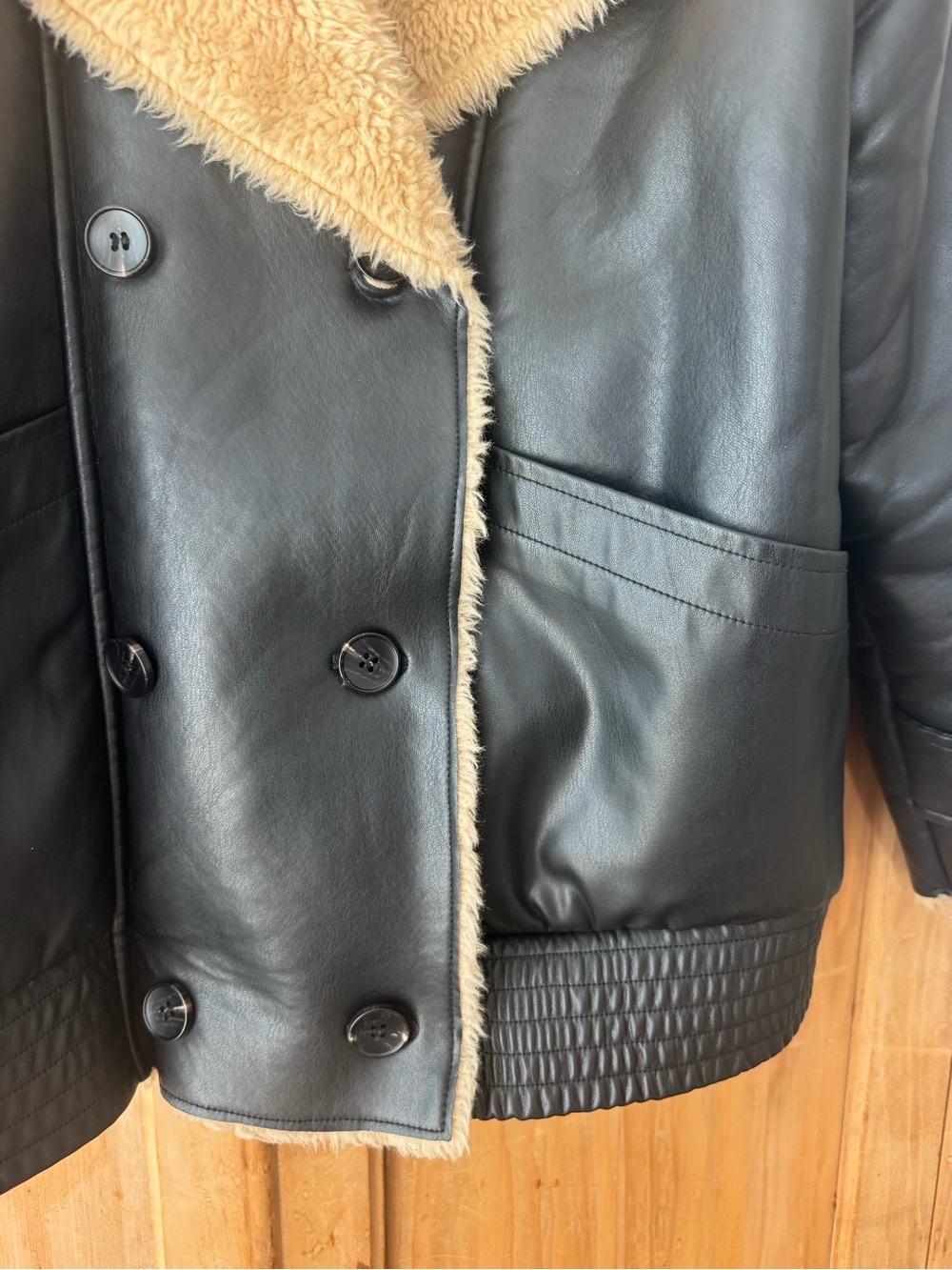 Avec Les Filles Black Faux Leather Jacket with Tan Shearling Trim - Picture 8 of 9